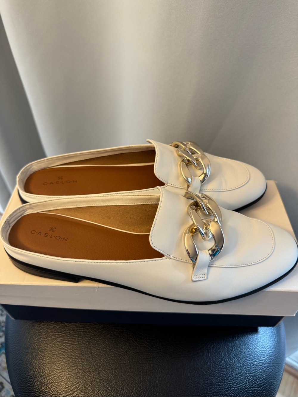 Caslon White Leather Chain-Trim Slip-On Loafers
